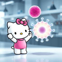 Una fascinante imagen de Hello Kitty, representada en su característico estilo tierno, saludando alegremente a una representación realista de una estructura de enzima, como la enzima lactasa o una hexocinasa