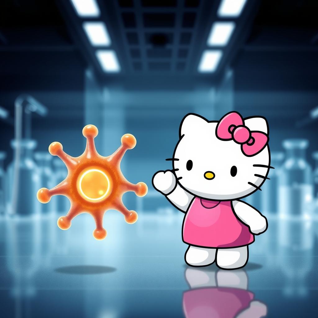 Una fascinante imagen de Hello Kitty, representada en su característico estilo tierno, saludando alegremente a una representación realista de una estructura de enzima, como la enzima lactasa o una hexocinasa