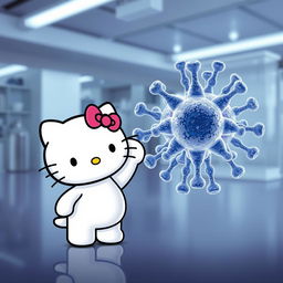 Una fascinante imagen de Hello Kitty, representada en su característico estilo tierno, saludando alegremente a una representación realista de una estructura de enzima, como la enzima lactasa o una hexocinasa