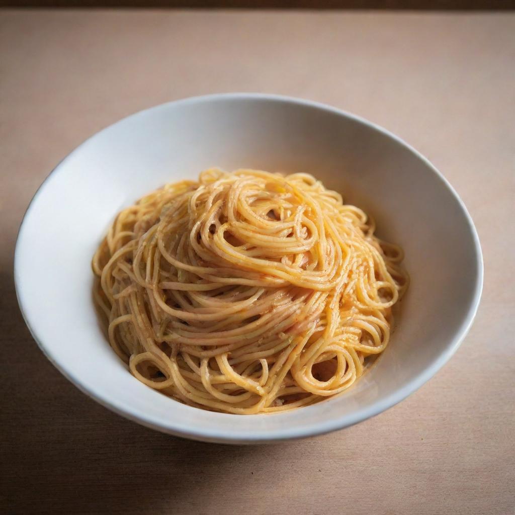 An empty bowl under soft warm lighting, filled with plain cooked spaghetti noodles, without any sauce or garnish.