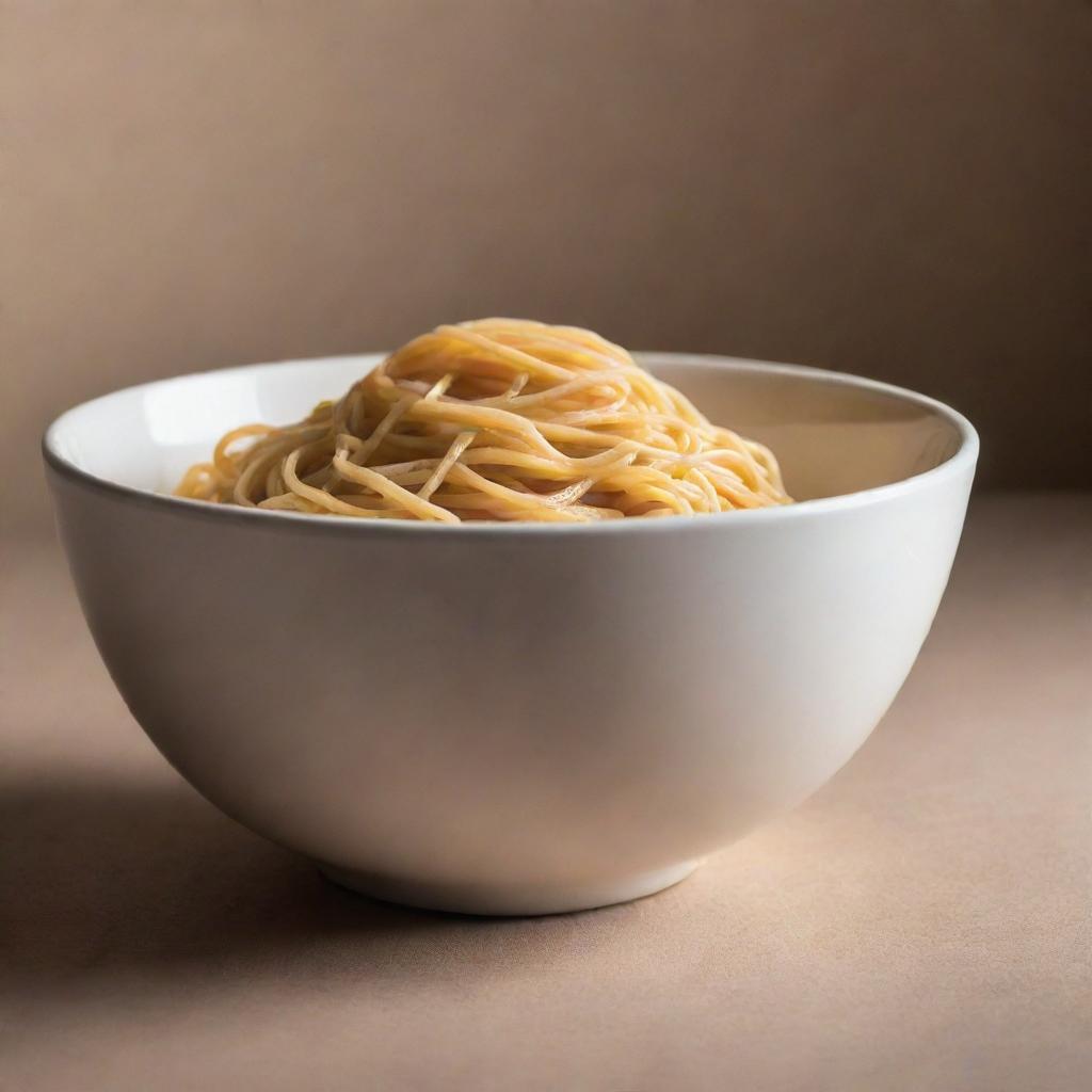 An empty bowl under soft warm lighting, filled with plain cooked spaghetti noodles, without any sauce or garnish.