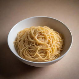 An empty bowl under soft warm lighting, filled with plain cooked spaghetti noodles, without any sauce or garnish.