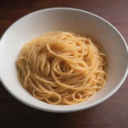 An empty bowl under soft warm lighting, filled with plain cooked spaghetti noodles, without any sauce or garnish.