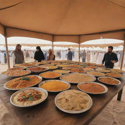 Inside an Arab tent, a traditional Saudi Arabian food tasting station is set up. Visitors are sampling a variety of dishes like kabsa, falafel, hummus, and traditional desserts, arranged aesthetically on a rustic wooden table.