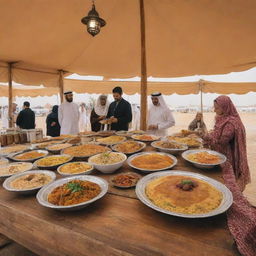 Inside an Arab tent, a traditional Saudi Arabian food tasting station is set up. Visitors are sampling a variety of dishes like kabsa, falafel, hummus, and traditional desserts, arranged aesthetically on a rustic wooden table.