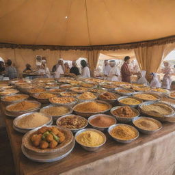 Inside an Arab tent, a traditional Saudi Arabian food tasting station is set up. Visitors are sampling a variety of dishes like kabsa, falafel, hummus, and traditional desserts, arranged aesthetically on a rustic wooden table.