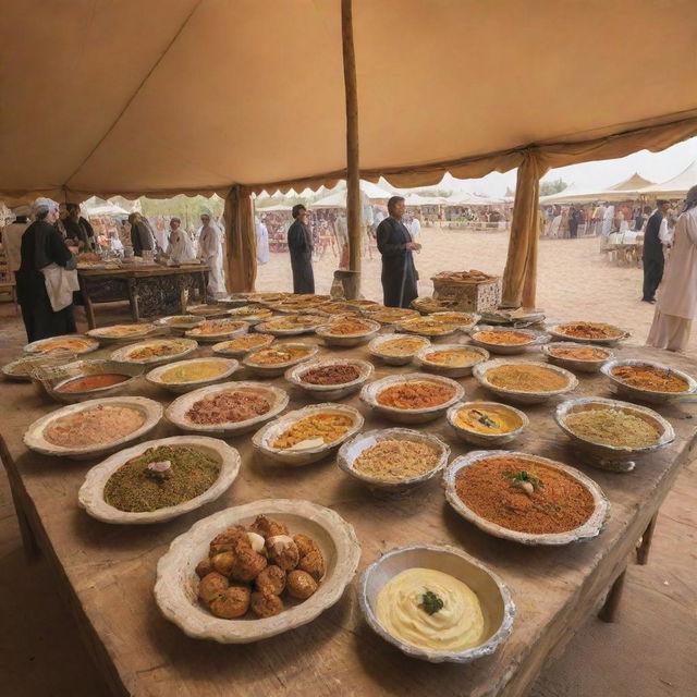 Inside an Arab tent, a traditional Saudi Arabian food tasting station is set up. Visitors are sampling a variety of dishes like kabsa, falafel, hummus, and traditional desserts, arranged aesthetically on a rustic wooden table.