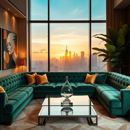 An elegant and luxurious interior of a modern living room, featuring opulent furnishings, a plush velvet sofa in rich emerald green, surrounded by artworks on the walls in abstract style