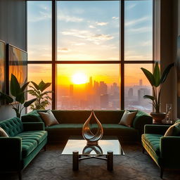 An elegant and luxurious interior of a modern living room, featuring opulent furnishings, a plush velvet sofa in rich emerald green, surrounded by artworks on the walls in abstract style