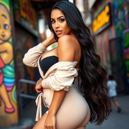 A beautiful Latin woman with prominent curves, showcasing her curvy figure in a stylish outfit, exuding confidence and allure