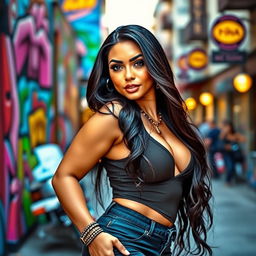 A beautiful Latin woman with prominent curves, showcasing her curvy figure in a stylish outfit, exuding confidence and allure