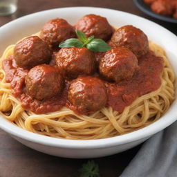 A bowl under soft warm lighting, filled with plain cooked spaghetti noodles, topped with rich red marinara sauce and succulent meatballs.