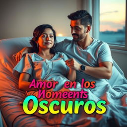 A touching and emotive scene depicting María and Javier in a hospital setting, conveying a deep sense of support and love