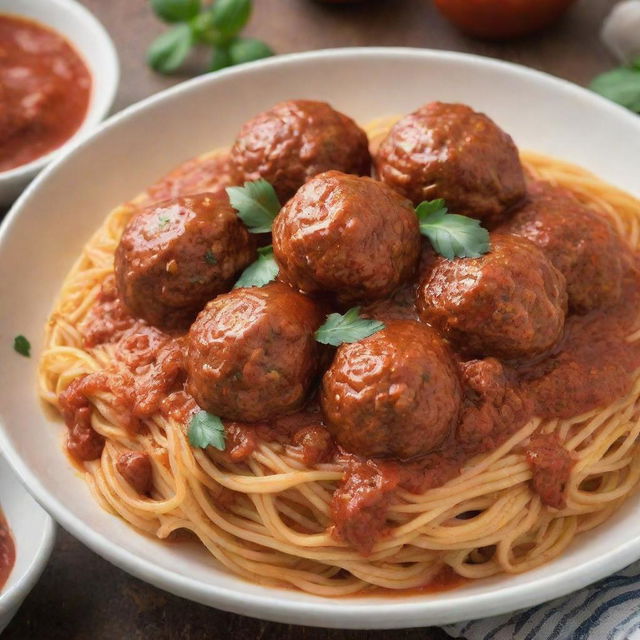 A bowl under soft warm lighting, filled with plain cooked spaghetti noodles, topped with rich red marinara sauce and succulent meatballs.