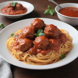 A bowl under soft warm lighting, filled with plain cooked spaghetti noodles, topped with rich red marinara sauce and succulent meatballs.