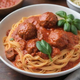 A bowl under soft warm lighting, filled with plain cooked spaghetti noodles, topped with rich red marinara sauce and succulent meatballs.