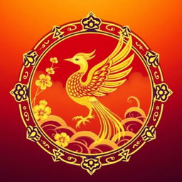 An emblem representing a medieval Asian kingdom, featuring the Suzaku (Vermilion Bird) from Chinese cosmology as the central symbol, depicted in a vibrant golden hue instead of the traditional red