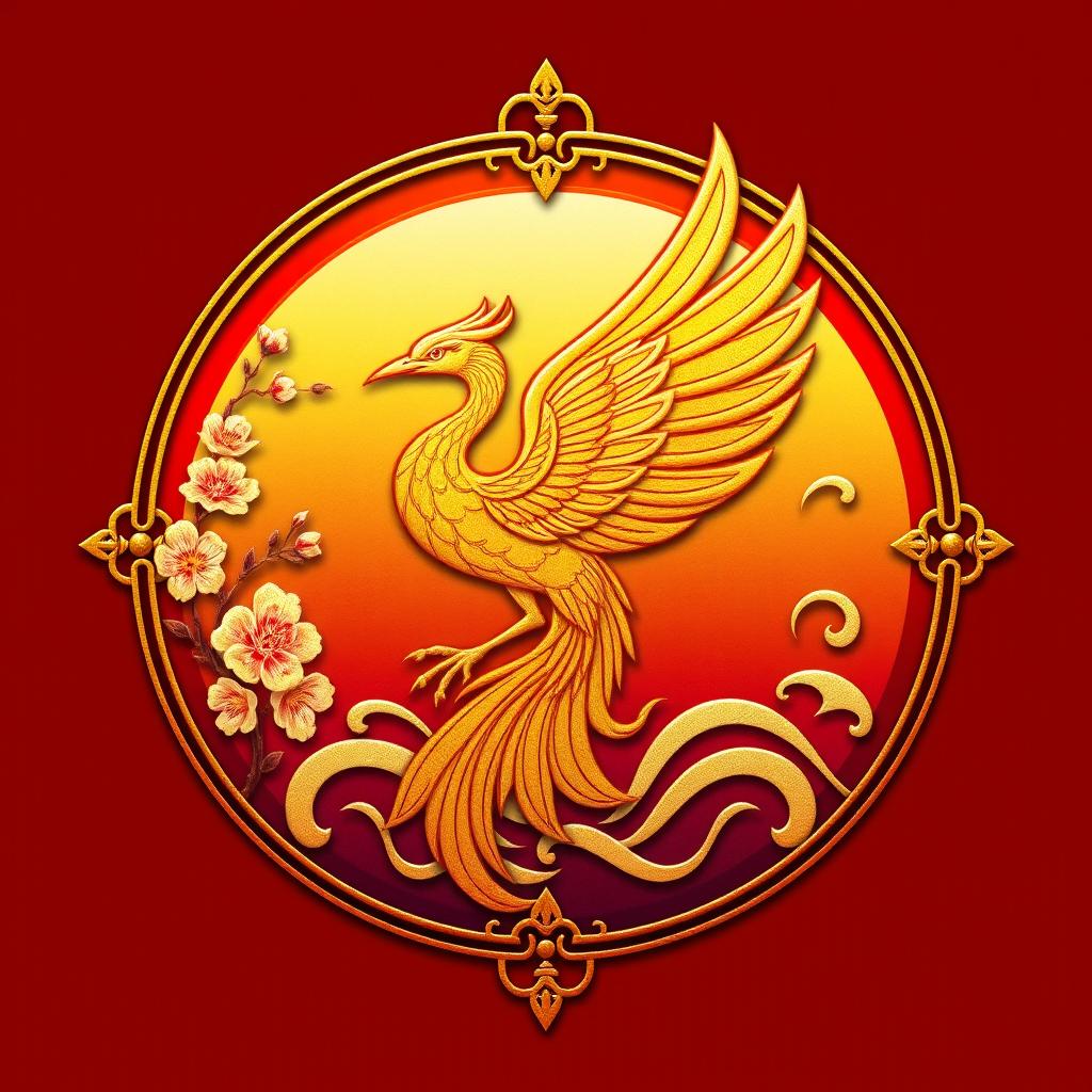 An emblem representing a medieval Asian kingdom, featuring the Suzaku (Vermilion Bird) from Chinese cosmology as the central symbol, depicted in a vibrant golden hue instead of the traditional red