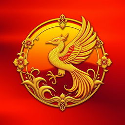 An emblem representing a medieval Asian kingdom, featuring the Suzaku (Vermilion Bird) from Chinese cosmology as the central symbol, depicted in a vibrant golden hue instead of the traditional red