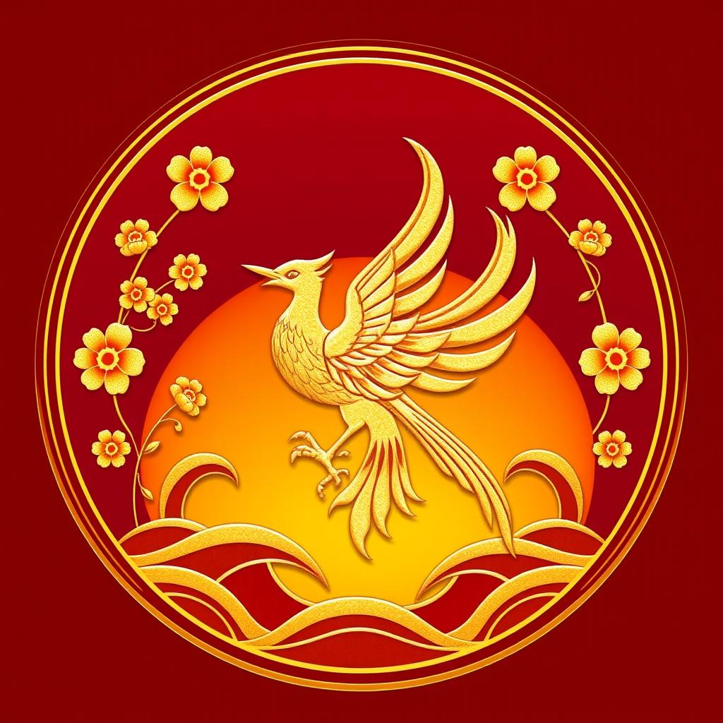 An emblem representing a medieval Asian kingdom, featuring the Suzaku (Vermilion Bird) from Chinese cosmology as the central symbol, depicted in a vibrant golden hue instead of the traditional red