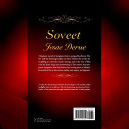 A striking novel back cover design featuring a deep red and black color scheme