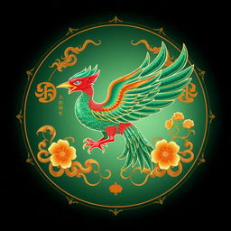 An emblem depicting a medieval Asian kingdom, prominently featuring the Suzaku (Vermilion Bird) from Chinese cosmology, reimagined in a rich emerald green instead of its traditional red