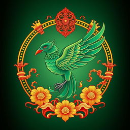 An emblem depicting a medieval Asian kingdom, prominently featuring the Suzaku (Vermilion Bird) from Chinese cosmology, reimagined in a rich emerald green instead of its traditional red