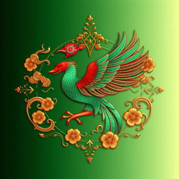 An emblem depicting a medieval Asian kingdom, prominently featuring the Suzaku (Vermilion Bird) from Chinese cosmology, reimagined in a rich emerald green instead of its traditional red