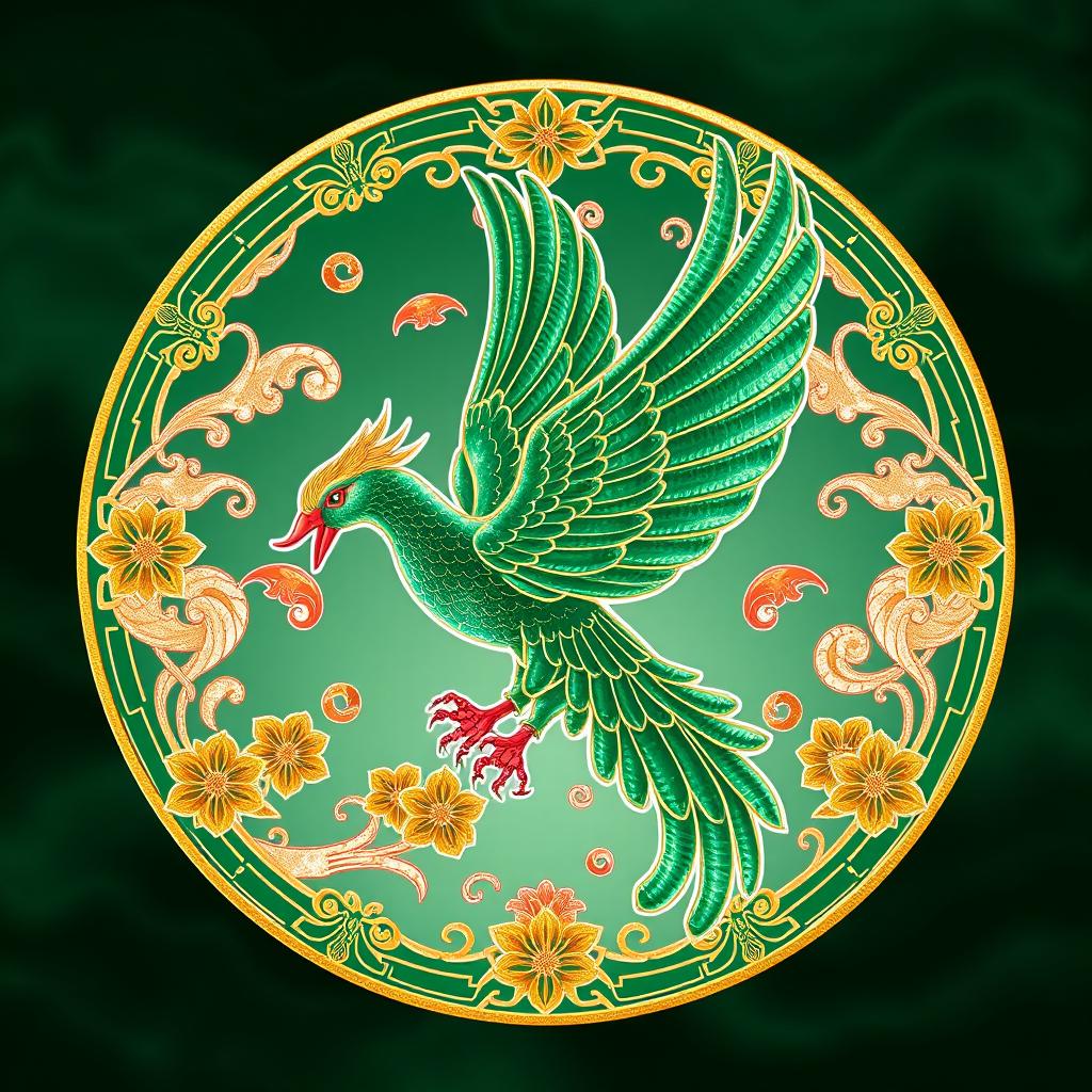 An emblem depicting a medieval Asian kingdom, prominently featuring the Suzaku (Vermilion Bird) from Chinese cosmology, reimagined in a rich emerald green instead of its traditional red