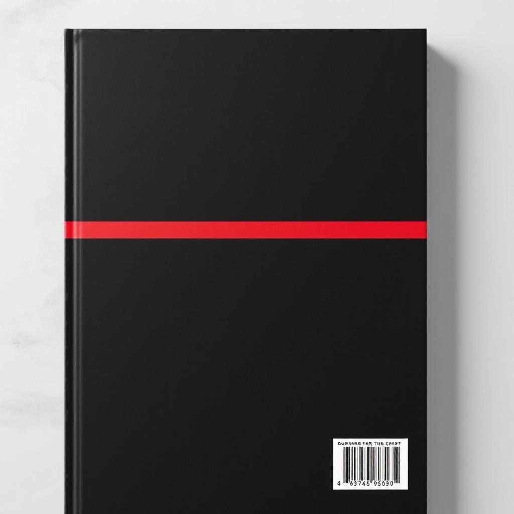 A minimalist novel back cover design featuring a dominant black background with striking red accents