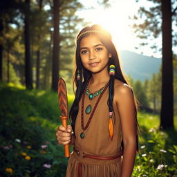 A young Native American shaman girl named Ayana, standing in a serene forest clearing, with traditional shaman attire made of natural materials like leather and feathers