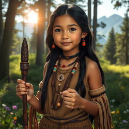 A young Native American shaman girl named Ayana, standing in a serene forest clearing, with traditional shaman attire made of natural materials like leather and feathers