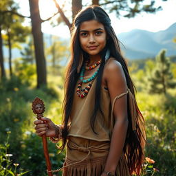 A young Native American shaman girl named Ayana, standing in a serene forest clearing, with traditional shaman attire made of natural materials like leather and feathers