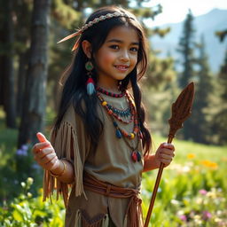 A young Native American shaman girl named Ayana, standing in a serene forest clearing, with traditional shaman attire made of natural materials like leather and feathers