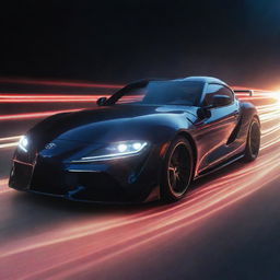 A Toyota Supra radiating light streaks and cosmic energy, illustrating its high-speed travel, as if it's moving at the speed of light.