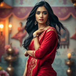 A stunning Indian woman wearing a beautifully styled, form-fitting saree in vibrant colors like deep red and gold, showcasing intricate embroidery