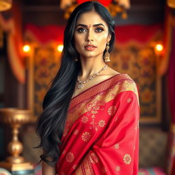 A stunning Indian woman wearing a beautifully styled, form-fitting saree in vibrant colors like deep red and gold, showcasing intricate embroidery