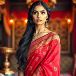 A stunning Indian woman wearing a beautifully styled, form-fitting saree in vibrant colors like deep red and gold, showcasing intricate embroidery