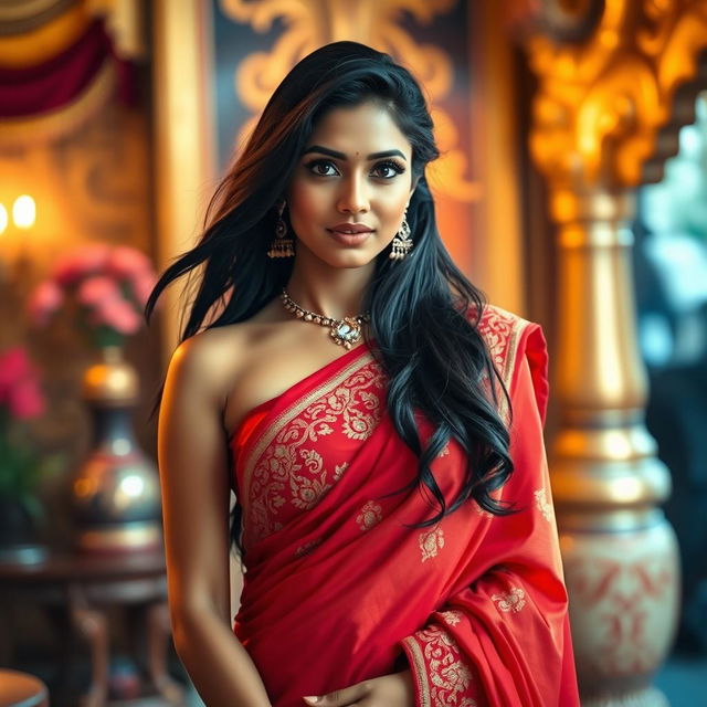 A stunning Indian woman wearing a beautifully styled, form-fitting saree in vibrant colors like deep red and gold, showcasing intricate embroidery