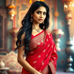 A stunning Indian woman wearing a beautifully styled, form-fitting saree in vibrant colors like deep red and gold, showcasing intricate embroidery