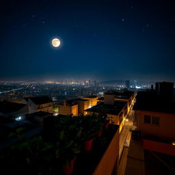 An exquisite nighttime scene captured from an angle on a rooftop, showcasing a vibrant city skyline illuminated by twinkling lights