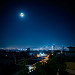 An exquisite nighttime scene captured from an angle on a rooftop, showcasing a vibrant city skyline illuminated by twinkling lights