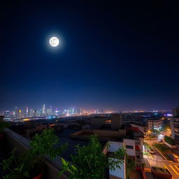 An exquisite nighttime scene captured from an angle on a rooftop, showcasing a vibrant city skyline illuminated by twinkling lights