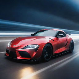 A Toyota Supra radiating light streaks and cosmic energy, illustrating its high-speed travel, as if it's moving at the speed of light.