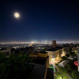 An exquisite nighttime scene captured from an angle on a rooftop, showcasing a vibrant city skyline illuminated by twinkling lights