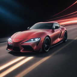 A Toyota Supra radiating light streaks and cosmic energy, illustrating its high-speed travel, as if it's moving at the speed of light.