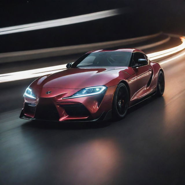 A Toyota Supra radiating light streaks and cosmic energy, illustrating its high-speed travel, as if it's moving at the speed of light.