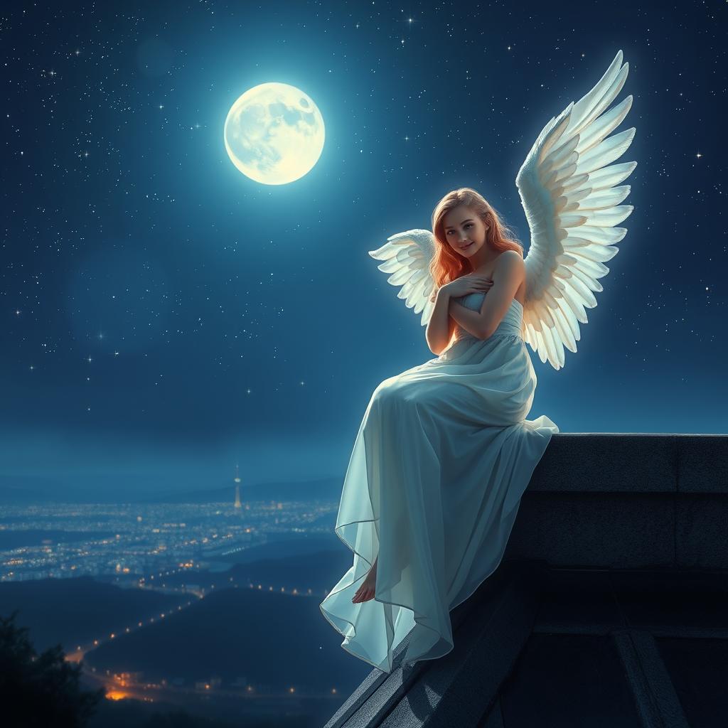 A serene and ethereal scene of a beautiful angel perched gracefully on a rooftop at night, overlooking a tranquil city skyline