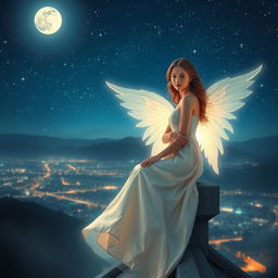 A serene and ethereal scene of a beautiful angel perched gracefully on a rooftop at night, overlooking a tranquil city skyline