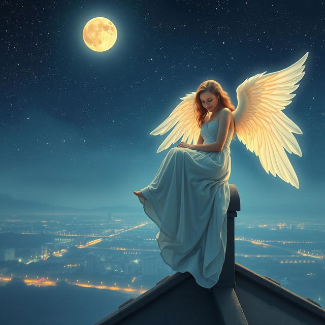 A serene and ethereal scene of a beautiful angel perched gracefully on a rooftop at night, overlooking a tranquil city skyline